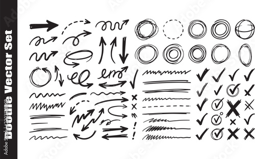 Hand drawn doodle arrows, circles, checkmarks and sketch elements