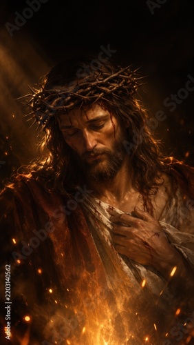 Jesus Christ Wearing Crown of Thorns in Dramatic Golden Firelight