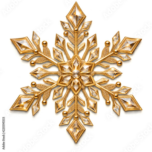 Golden Snowflake Ornament Design With Crystals Arranged in Symmetrical Pattern