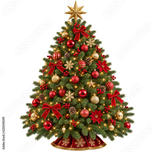 Decorated Christmas Tree With Red Ornaments and Golden Accents
