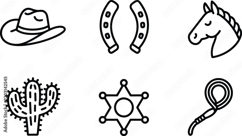 Fototapeta premium Cowboy symbols, hat horseshoe horse head cactus sheriff badge and lasso representing classic wild west ranch life and western culture.