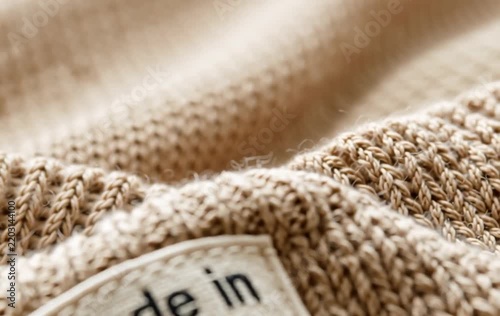 Made in USA Fabric Label Sewn on Beige Knitted Wool Sweater Garment