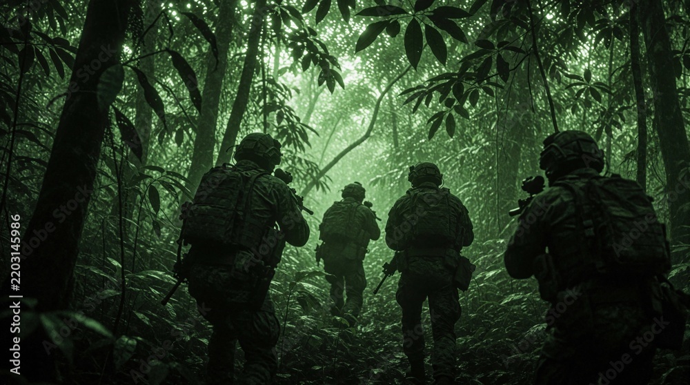 Obraz premium Soldiers in camouflage move through dense jungle at night. Special forces team on covert mission, tactical gear, rifles ready. Night vision view of elite unit advancing cautiously in darkness.