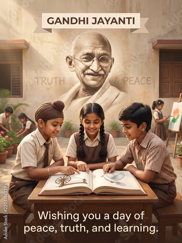 A meaningful Gandhi Jayanti poster showing children learning Gandhi’s principles of truth, peace, and kindness, creating an educational and emotional visual.