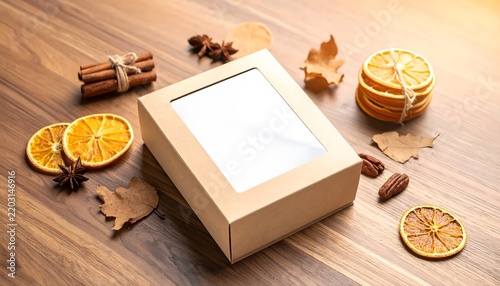 Brown cardboard gift box with window and autumn decorations on wooden background.
