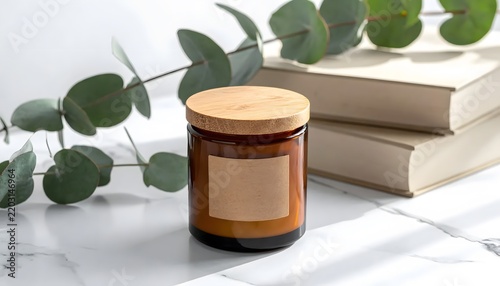 Brown glass jar with wooden lid and eucalyptus leaves on marble surface.