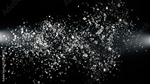 Floating metallic silver dust particles drifting against a black background
