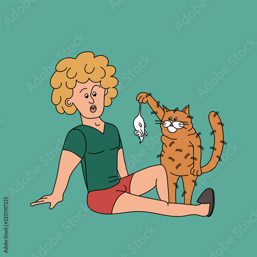 A cat scares its owner with a dead mouse. Cartoon style. Vector illustration