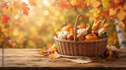 A warm and inviting thanksgiving scene featuring a bountiful harvest basket filled with pumpkins gourds and autumn leaves evoking feelings of gratitude and