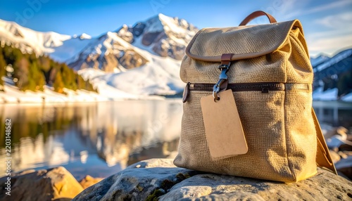 Brown travel backpack on a rock with snow mountains and lake background.