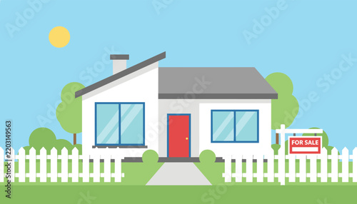 Charming modern suburban house with red front door and white picket fence stands behind large red for sale sign on green lawn.