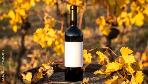Dark wine bottle with blank white label in autumn vineyard.
