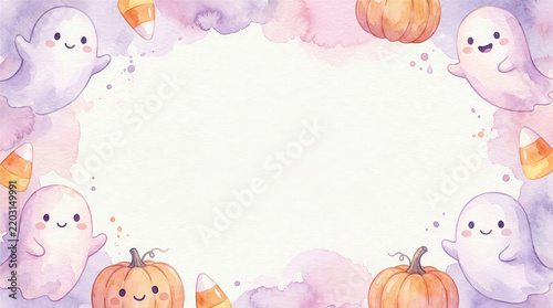 Cute Pastel Watercolor Halloween Background with Ghosts and Pumpkins
