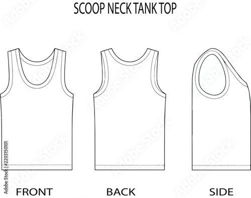 Scoop Neck Tank Top Technical Flat Sketch Vector Template Front Back Side View