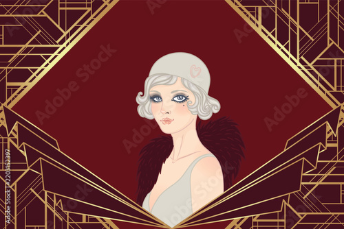 Art Deco design template with elegant flapper girl, geometric shapes, and decorative elements in dusty rose and gold tones. Perfect for invitations, fashion branding, events, or digital decor.
