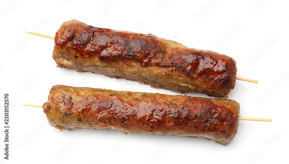 Fototapeta premium Skewers with tasty kebabs isolated on white, top view