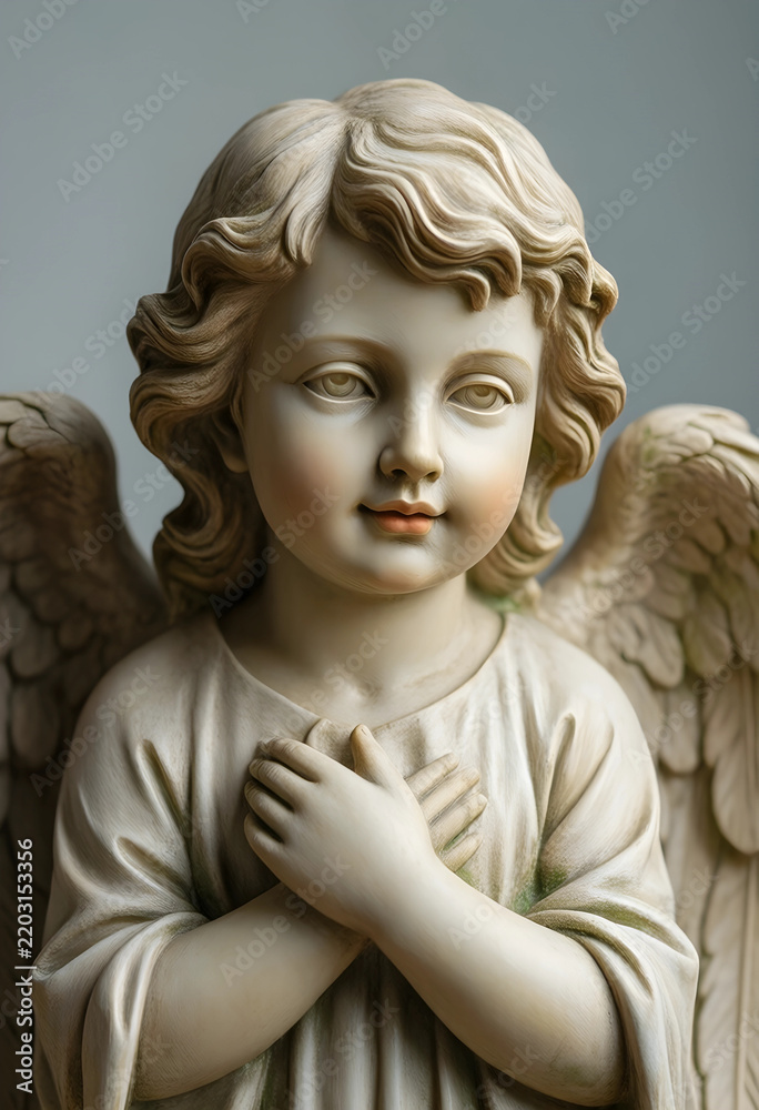 Fototapeta premium Spirituality and peace cherub angel statue with hands on chest for religious faith hope and divine protection in a serene memorial garden setting