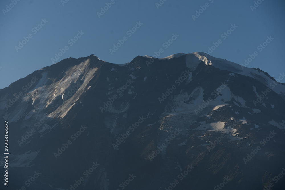 Obraz premium Summer view of the Mont Blanc massif above forested slopes 