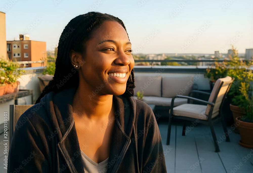 Fototapeta premium Work-life balance and mental wellness, happy woman relaxing on urban rooftop terrace at sunset enjoying peaceful moment of mindfulness and freedom
