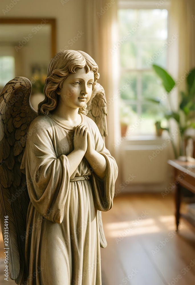 Fototapeta premium Spirituality and faith stone angel statue with hands in prayer for peace hope and religious devotion in a bright home interior with soft sunlight