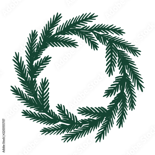 Christmas wreath made of detailed evergreen pine branches, hand drawn botanical line art isolated for winter holiday cards, invitations, packaging and seasonal decor.