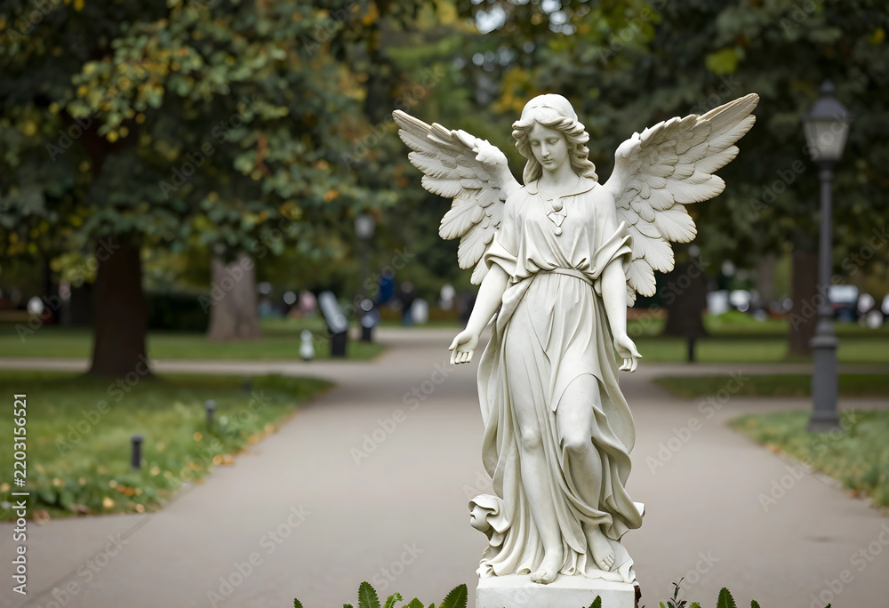 Fototapeta premium Spirituality and peace concept, stone angel statue in a public park, religious monument and memorial sculpture in a serene garden setting during autumn