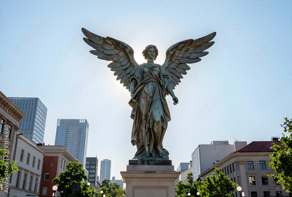 Obraz premium Spirituality and urban peace, bronze angel statue with wings spread standing in a modern city center with sun flare and clear blue sky background