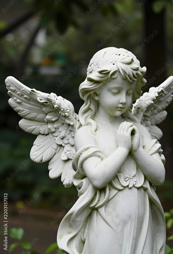 Fototapeta premium Spirituality and mourning, stone angel statue with praying hands in a peaceful garden setting for funeral services and memorial remembrance ceremonies