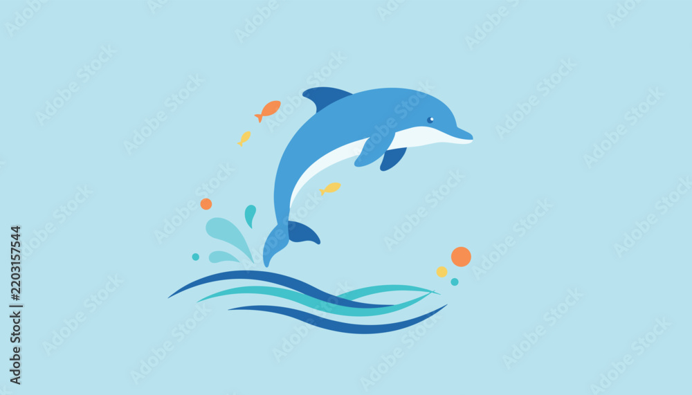 Fototapeta premium A playful blue dolphin leaping gracefully over ocean waves with sparkling water splashes and little fish in a vibrant aquatic scene.