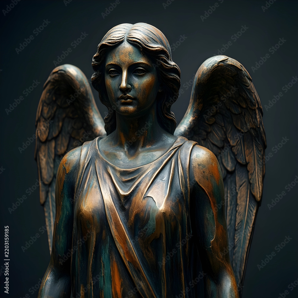 Fototapeta premium Spirituality and religion concept, bronze angel statue with wings in a serene pose for memorial and funeral themes on a dark background