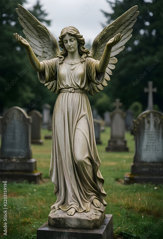 Fototapeta premium Grief and mourning concept, stone angel statue with open arms in a cemetery, peaceful memorial for loss and remembrance in a quiet graveyard setting