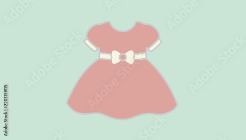 Charming pastel pink baby dress illustration with short puffed sleeves and a cute white bow belt on a soft green background.