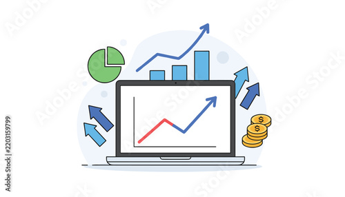 Business growth and financial success vector illustration featuring a laptop with rising charts, rising arrows, and gold coins.
