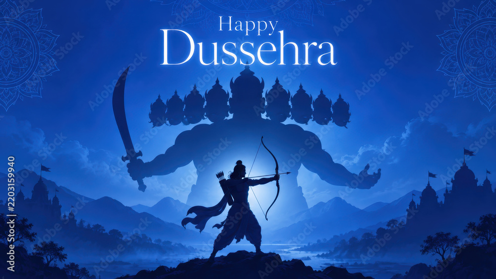 Fototapeta premium Dussehra scene featuring lord rama holding bow arrow in devotional artwork in sacred mythological festival scene with vijayadashami greeting under radiant traditional ambience