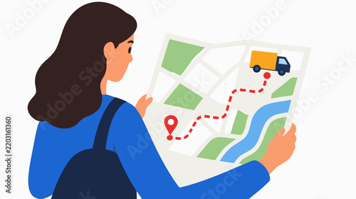 Woman with backpack viewed from behind checking folded paper roadmap marked with red dashed delivery route line and yellow transport truck symbol, order logistics flat vector illustration