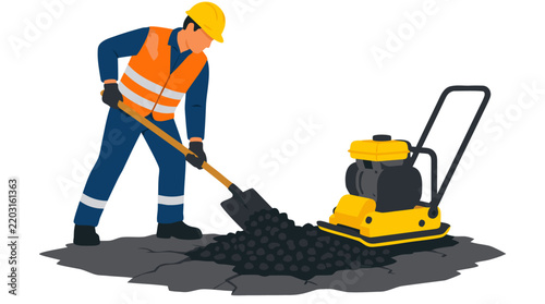 Road maintenance construction laborer in hard hat and safety vest shoveling hot black asphalt next to yellow vibrating plate compactor machine, highway repair flat vector illustration