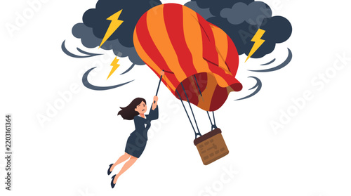 Worried businesswoman in dark dress desperately clinging to tether rope of deflating striped hot air balloon amidst dark storm clouds and lightning, business crisis flat vector illustration