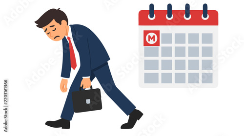 Sleepy tired businessman in navy suit dragging his feet with briefcase beside wall calendar marking Monday in red square, workweek blues and fatigue concept flat vector illustration