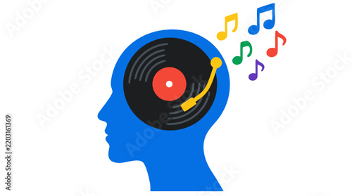 Profile silhouette of blue human head with black vinyl record and golden tonearm playing inside brain and emitting colorful music melody notes, audio listening flat vector illustration