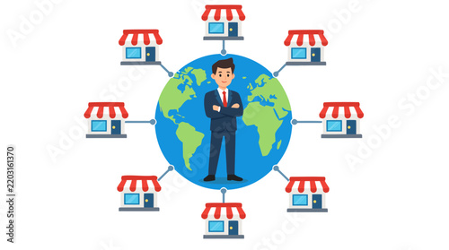 Vector illustration of a confident businessman standing on a circular world globe surrounded by networked shop storefronts, designed in bright sapphire blue, cherry red, emerald green, and navy colors