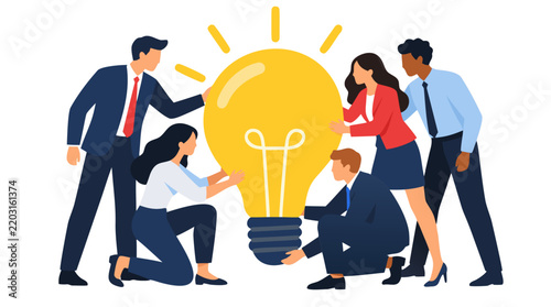 Vector illustration of a team of diverse businesspeople holding and supporting a giant glowing light bulb together, presented in luminous sunburst yellow, deep navy blue, vibrant red, and white colors