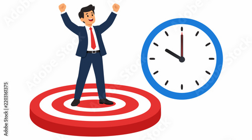 Vector illustration of an excited businessman cheering on a circular target platform beside a large wall clock, rendered in rich crimson red, cerulean blue, dark navy, and clean bright white colors