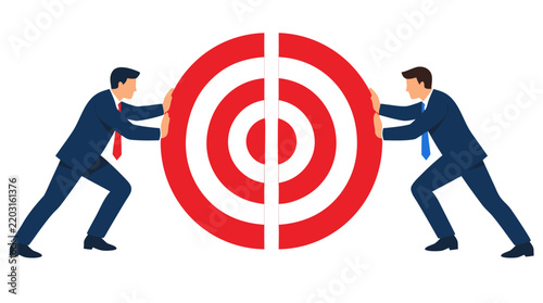Two businessmen in navy suits pushing two halves of large circular red and white target together into complete whole, common goal partnership teamwork concept flat vector illustration