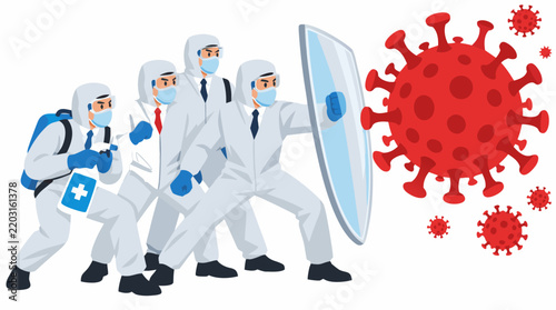 Vector illustration of four professional workers in white hazmat suits using a defensive shield against a giant spiky virus, rendered in bold crimson red, clean white, azure blue, and navy colors