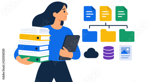 Vector illustration of a young woman carrying a heavy stack of document binders and digital tablet beside file folder trees, rendered in bright azure blue, yellow, forest green, and navy colors