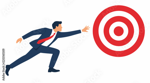 Vector illustration of a motivated businessman in a navy suit lunging forward and reaching toward a large circular target, featuring bold scarlet red, dark midnight navy blue, and crisp white colors