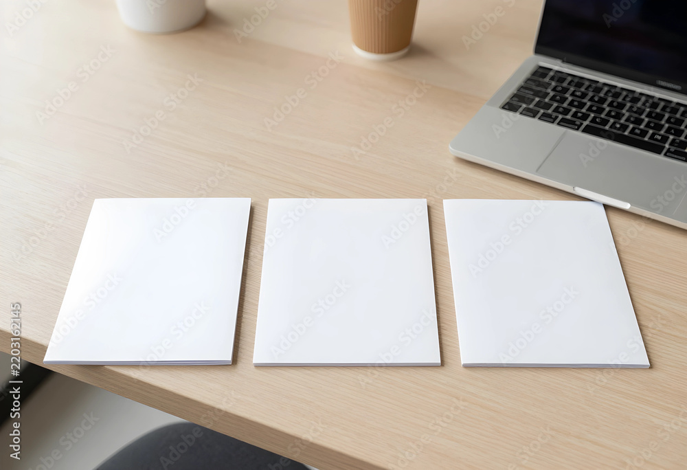 Fototapeta premium Branding and marketing mockup, blank paper brochures on office desk with laptop for corporate identity design and professional business presentation
