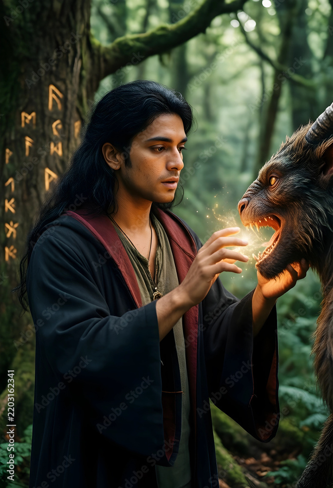 Obraz premium Fantasy storytelling and magic, young man in robes interacting with a mythical creature in an ancient forest with glowing runes on a tree trunk