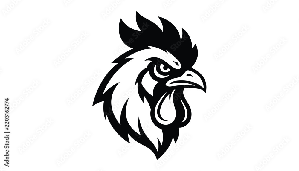 Fototapeta premium Fierce rooster head silhouette in black and white style suitable for sports team mascot or logo design.