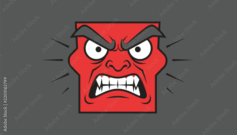 Fototapeta premium Angry red square cartoon face with sharp teeth, furrowed eyebrows, and steam coming out for emoticons.